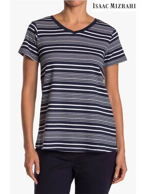 ISAAC MIZRANI NWT V-NECK S/S COTTON VARIED STRIPE CLASSIC NAVY TEE. SIZE S